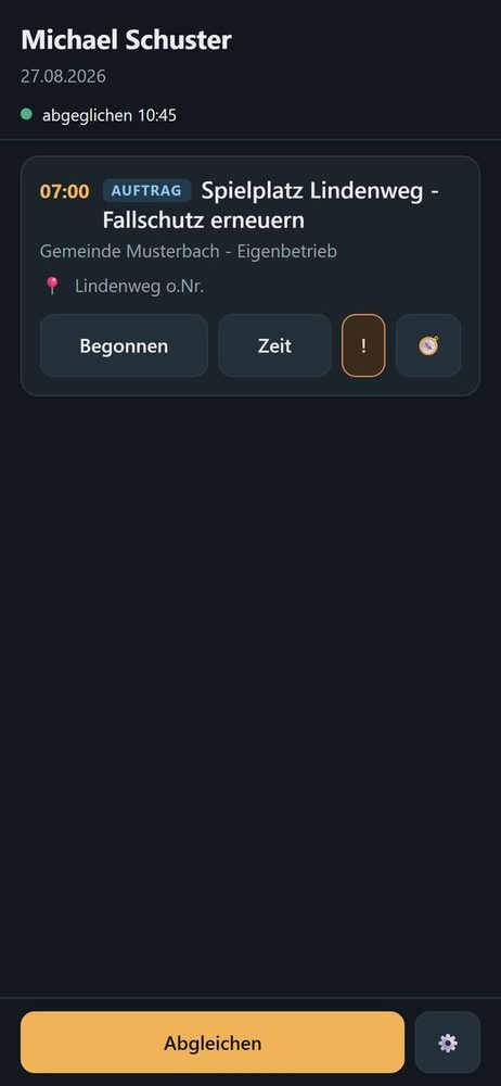 Die App „Mein Tag“ auf dem Smartphone mit Stempeluhr und den Aufträgen des Tages